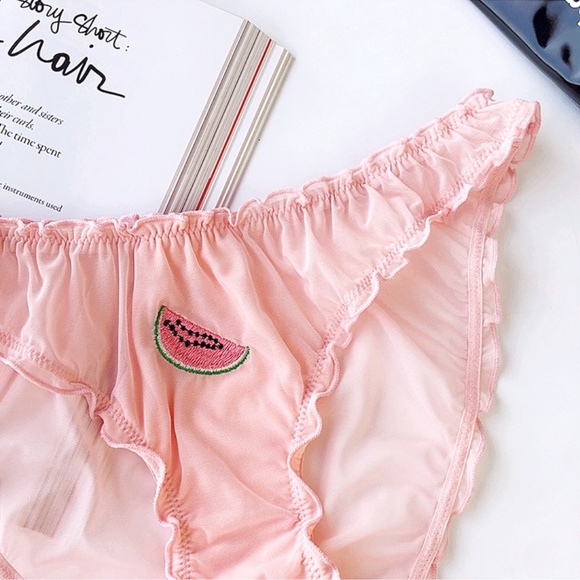 Pink Ruched Fruit Applique Mesh Sheer Panties - Picture 8 of 17